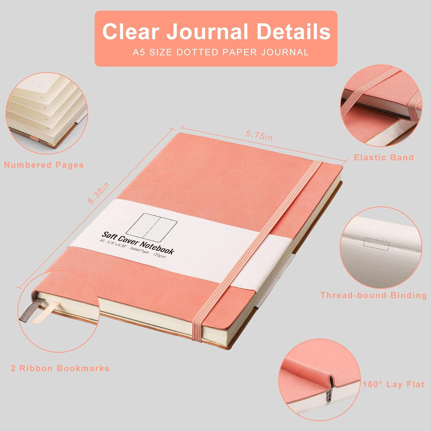 AHGXG Dotted Bullet Grid Journal 2 Pack - A5 Dot Grid Notebook for Women, Medium 5.75'' &times; 8.38'', 320 Numbered Pages, 120Gsm Thick Dotted Paper, Soft Leather Cover (Black Pink) - Blackbrown image number 4