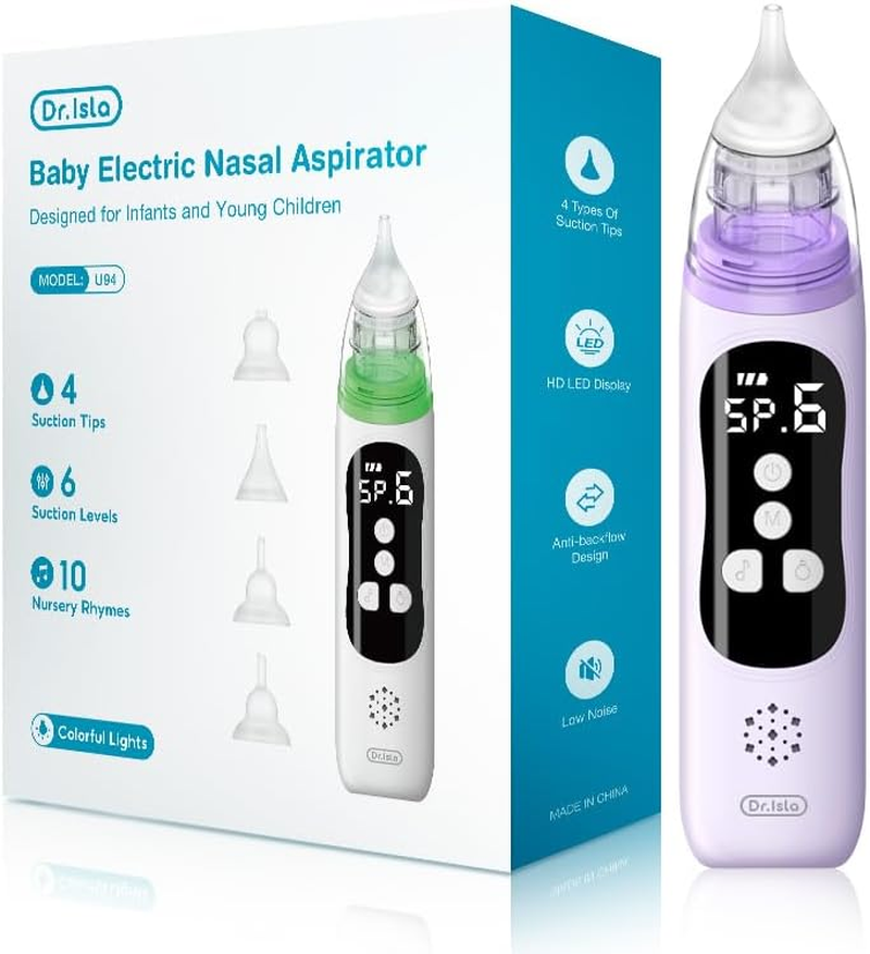 Henkion Baby Nasal Aspirator - Electric Nose Sucker for Baby - Auto Snot & Nose Cleaner Kit with 4 Silicone Tips, Carry Bag & Cleaning Kit, 6 Suction Levels, Music & Light Soothing Function, Purple image number 4