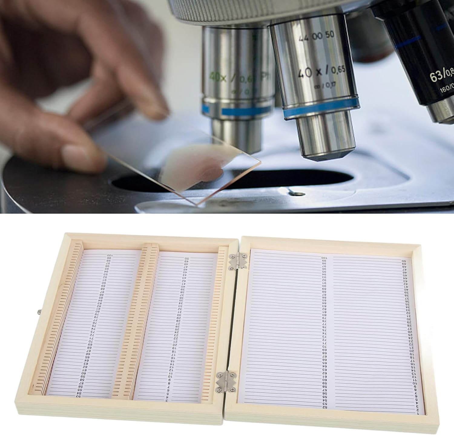 Professional Biology Microscope Slide Set, 100 Pieces Prepared Glass Specimens with Wooden Storage Box Case image number 5