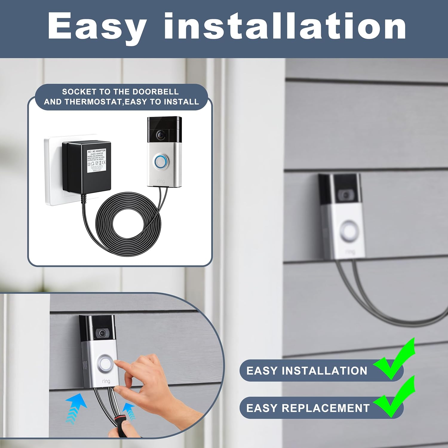 24V 500Ma Power Adapter,Extra Long 8M Extension Cabel Doorbell Transformer for Nest Ecobee Sensi, Honeywell,Ring Video Doorbell, Wyze Doorbell,Eufy Pro Cam,Zmodo Wifi Smart Doorbell Power Supply image number 6