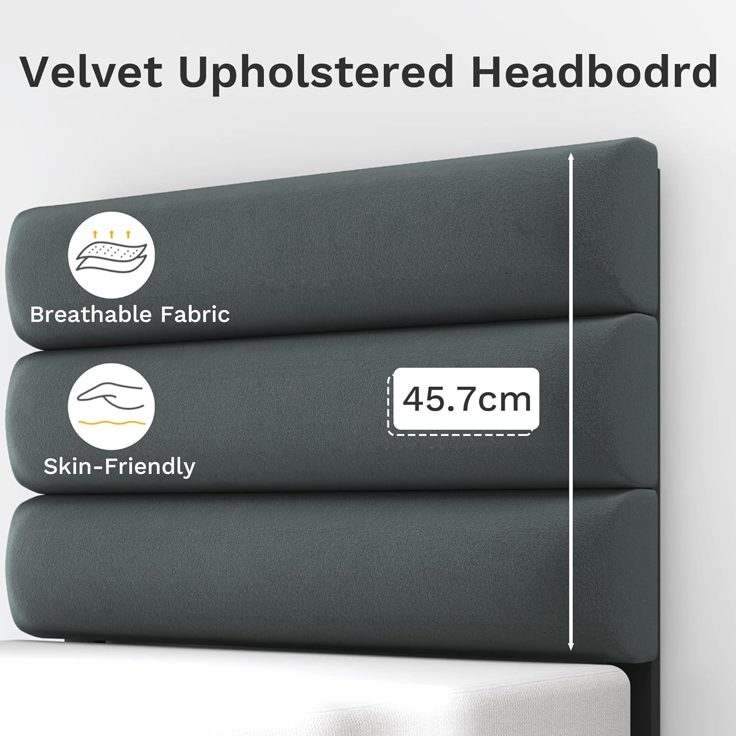 Velvet Upholstered Twin Bed Frame - No Box Spring Needed Platform Bed with Storage Space & Noise-Free Metal Support, Easy Assembly Modern Bedroom Furniture (Grey, Twin) image number 3