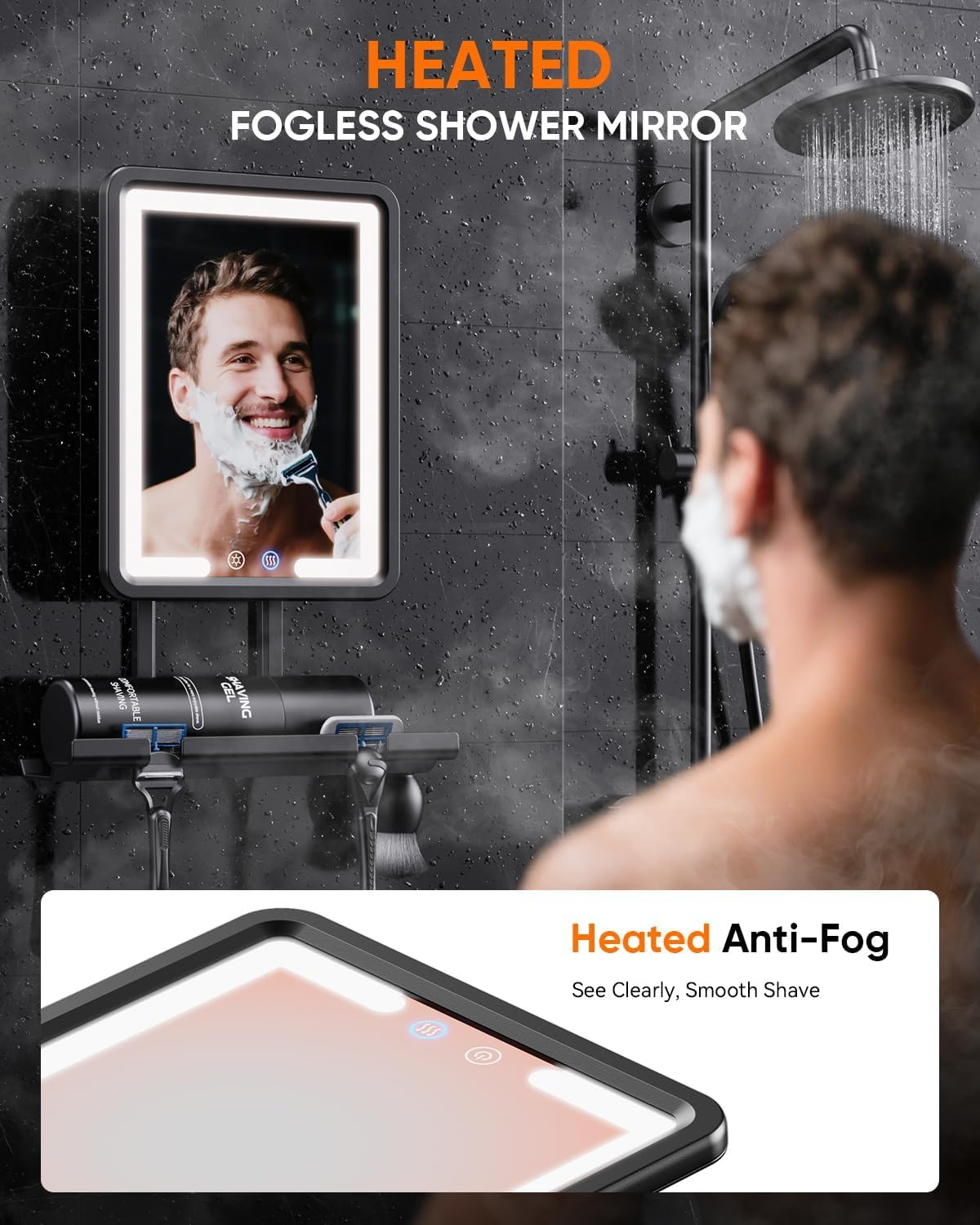 Fogless Lighted Shower Mirror for Shaving, 3 Colors Stepless Dimmable Lights, with Razor Holder, 360&deg; Rotation, anti Fog, Removable, Led Bathroom Mirror, Makeup Mirror (Black)