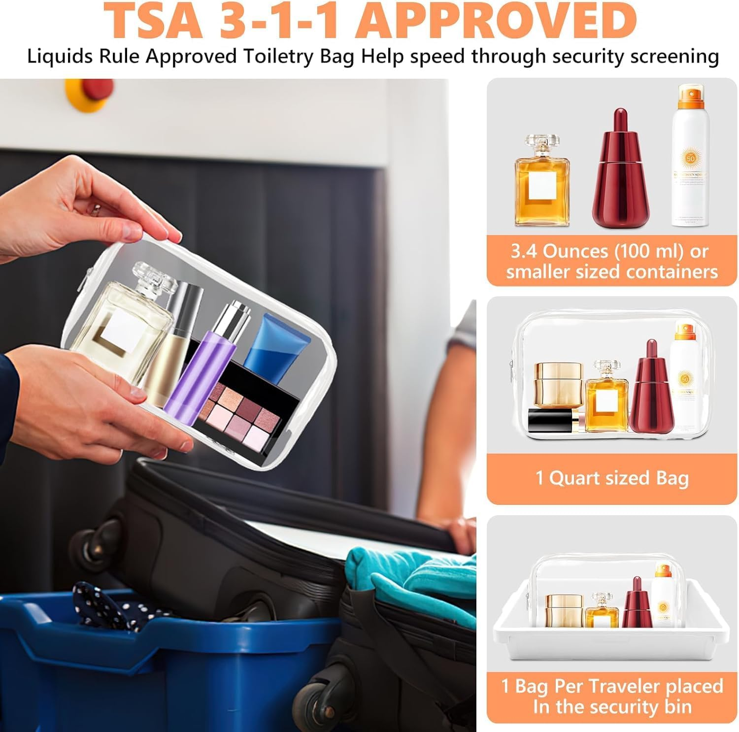 MKUCCD 3Pcs Transparent Toiletry Bag, Transparent Cosmetic Bag with Zipper, TSA Certified Travel Bag, Women'S Travel Cosmetic Bag, Transparent PVC Bag, Portable Travel Duffel Bag (2White 3 Pack) image number 2