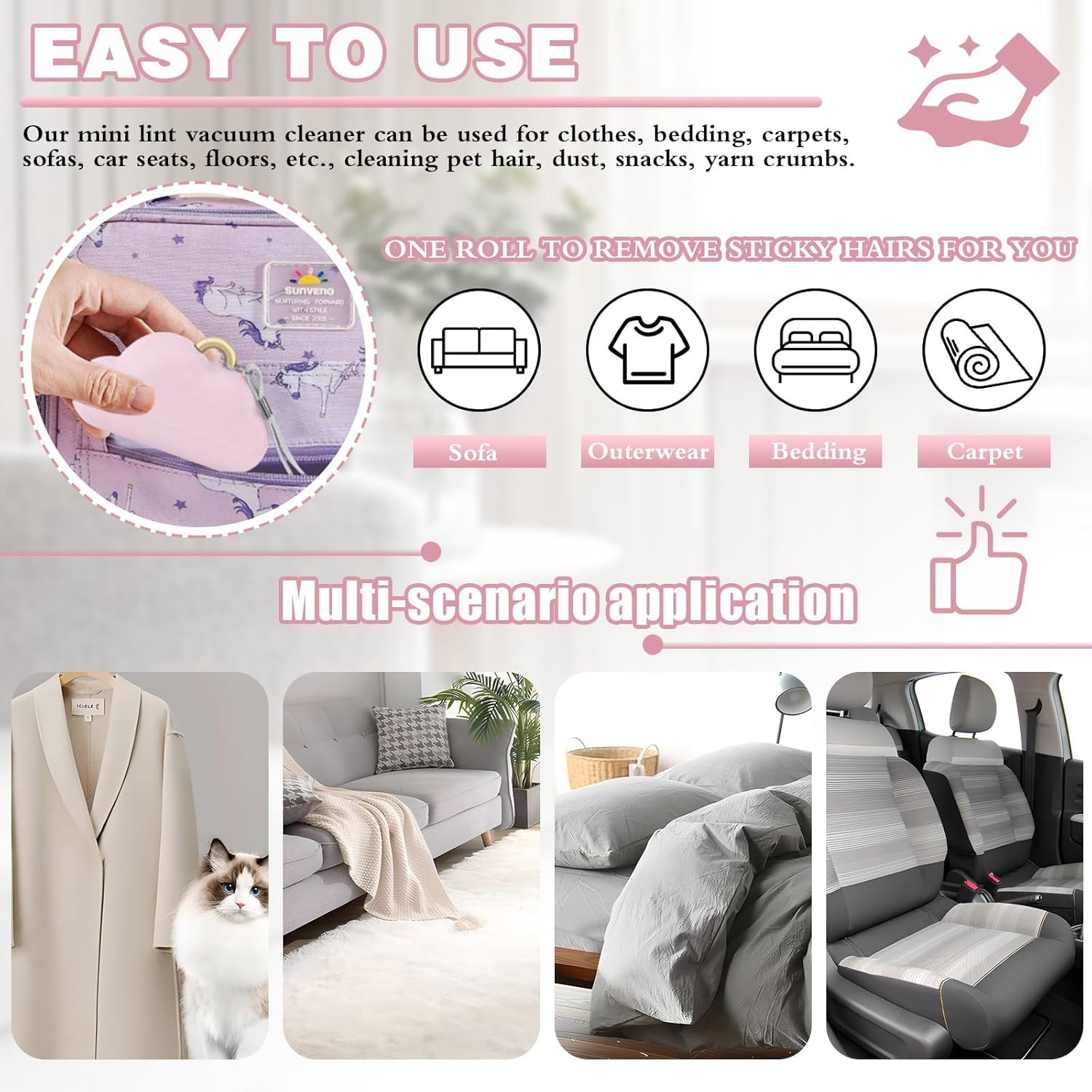 2 Pack Travel Portable Lint Roller with Hand Strap, Reusable Mini Lint Rollers with 6 Refill, Lint Remover for Clothes Bag (Blue+Pink) image number 5