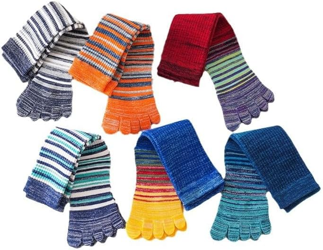 Cotton Toe Socks Five Finger Socks Long Thickened Calf High Athletic Running Rainbow Striped Socks for Men Boys, Stripes Grey image number 4