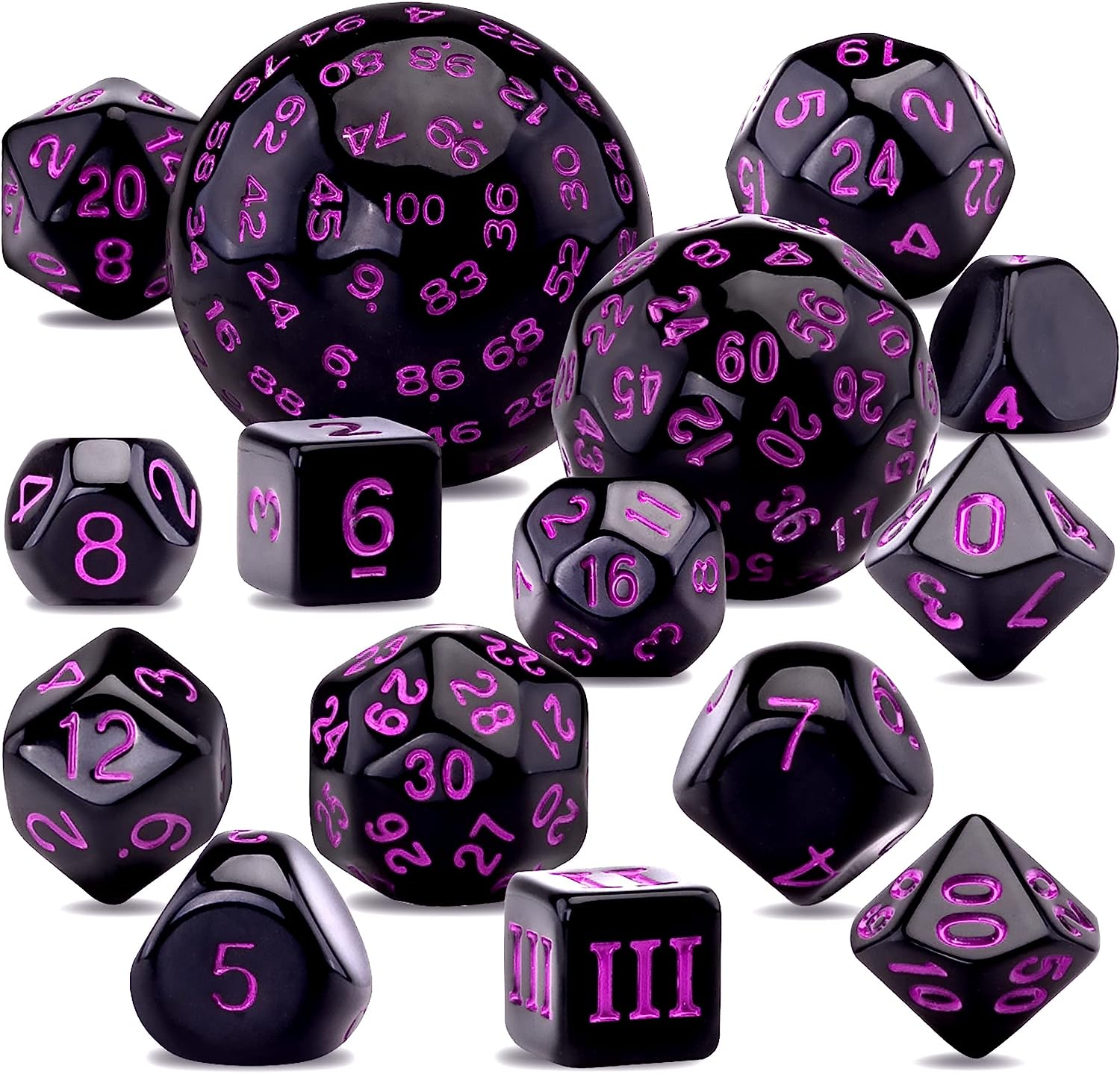 AUSTOR 15 Pieces Complete Polyhedral Dice Set D3-D100 Game Dice Set with a Leather Drawstring Storage Bag for Role Playing Table Games(Black & Purple)