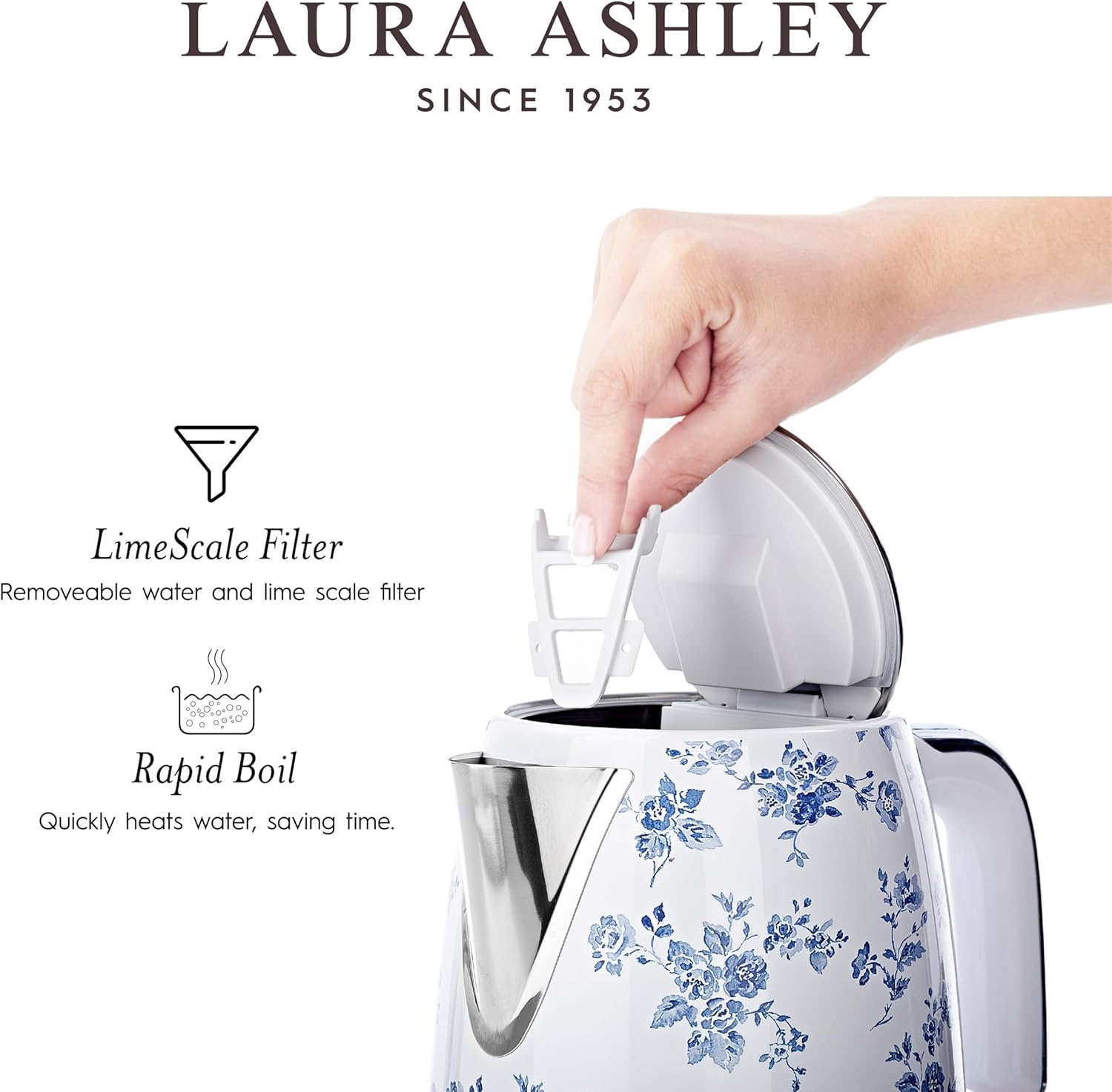 Laura Ashley China Rose Kettles Electric 1.7 Litre - Stainless Steel Electric Kettles Fast Boil Quiet - 2.2KW Rapid Boil Electric Kettle Cordless - Overheating & Boil Dry Protection Jug Kettle image number 1
