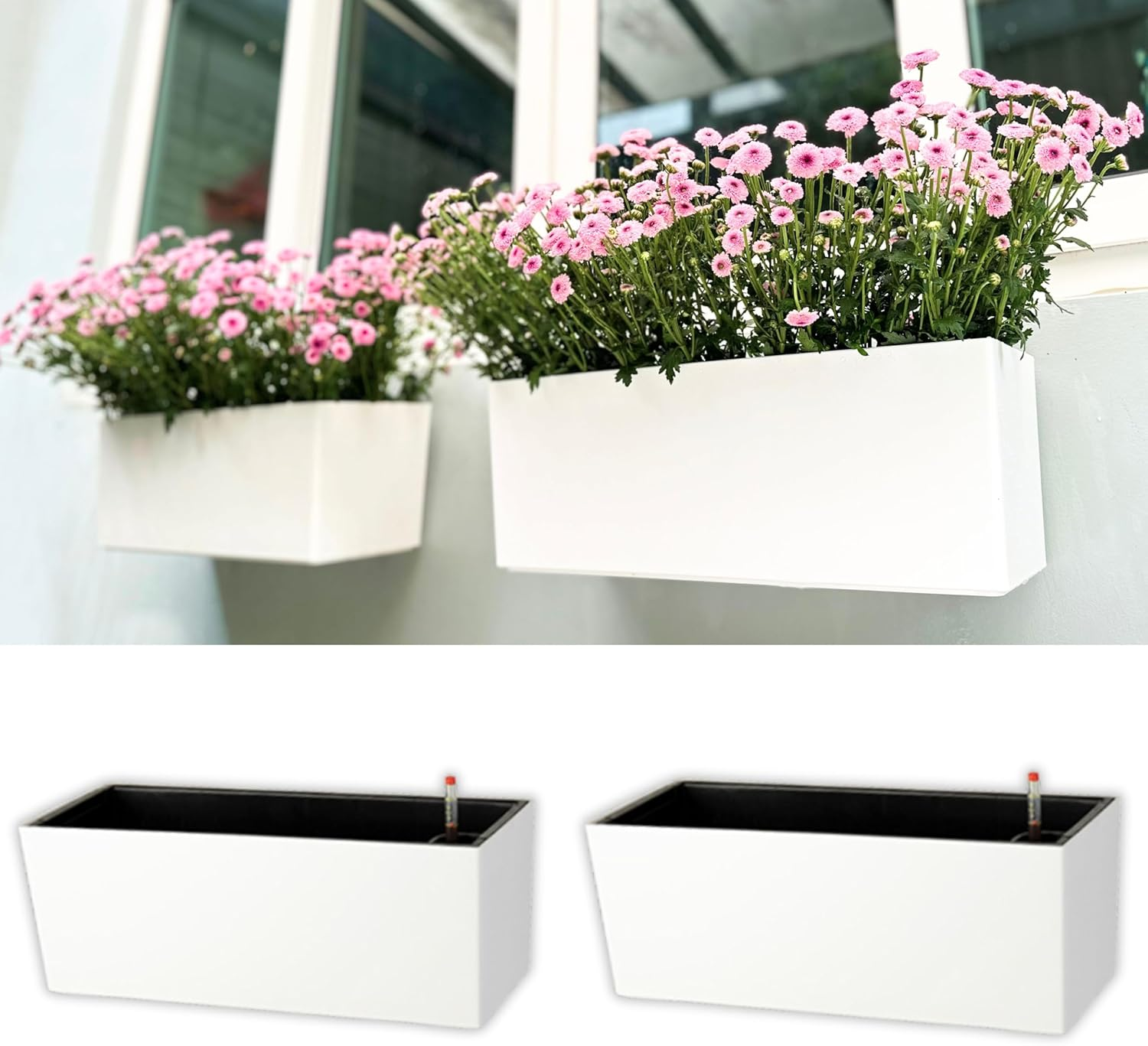 Lalagreen Wall Planter for Outdoor (2 Pack, 20 Inch) White Self Watering Rectangular Window Boxes Planters to Attach to House with Bracket, Country Vertical Plant Wall Holder Indoor Garden Minimalist image number 5