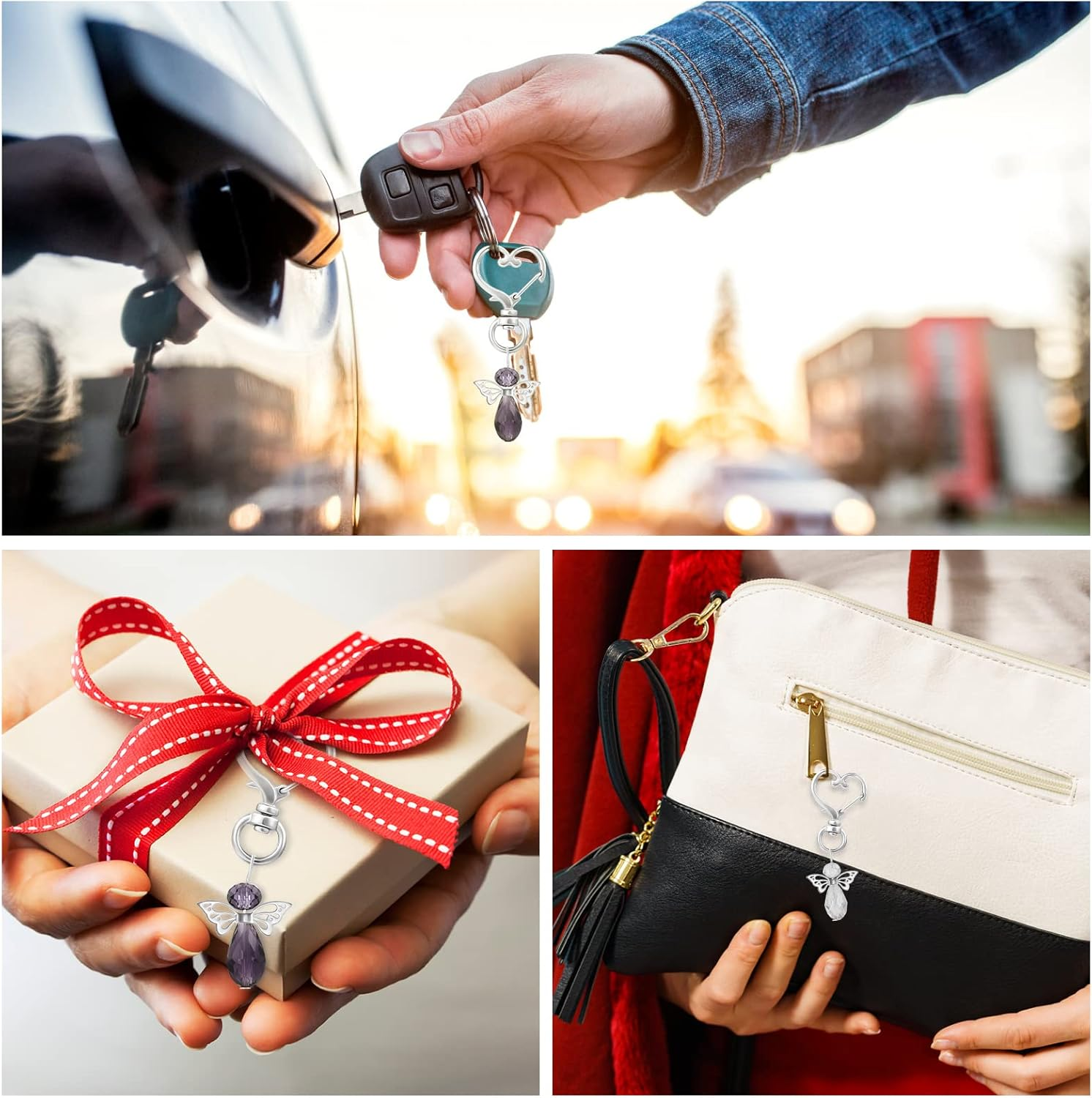 GWHOLE 20 Sets Angel Keychain with Organza Bags & Thank You Tags Baby Shower Return Gifts for Guests Baptism Favors Angel Wings Pendant for Baby Shower, Bridal Shower, Wedding - Purple & Clear image number 3