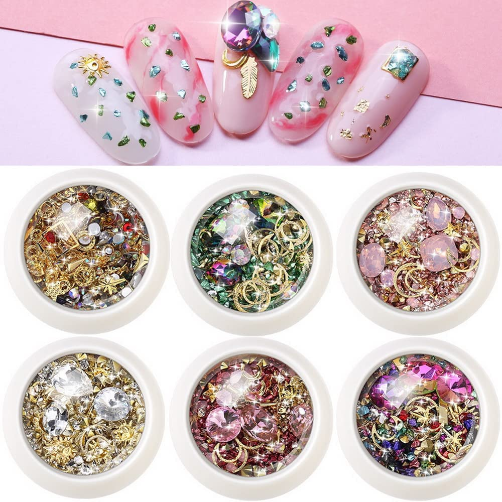 Ginojex DIY Manicure Art Design 3D Nail Charms Mixed-Style Pink Crystal Rhinestone Star Moon Metal Rivet Nail Decoration image number 1