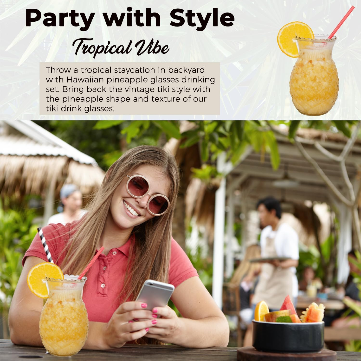 Set of 2 Pineapple Cocktail Glasses, 20 Ounce/570Ml Fun Cocktail Jars Tiki Cups for Bar, Party image number 2