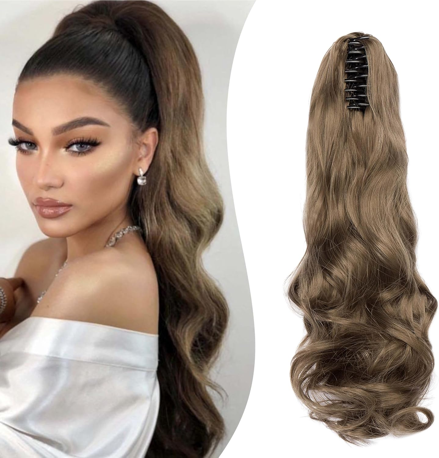 Gairyan 20Inch Ponytail Extension Clip in Ponytail Hair Extensions Curly Wavy Pony Tails Claw on Ponytail Long Wave Synthetic Hairpieces for Women Soft Real Look (Natural Black & Bleach Blonde)
