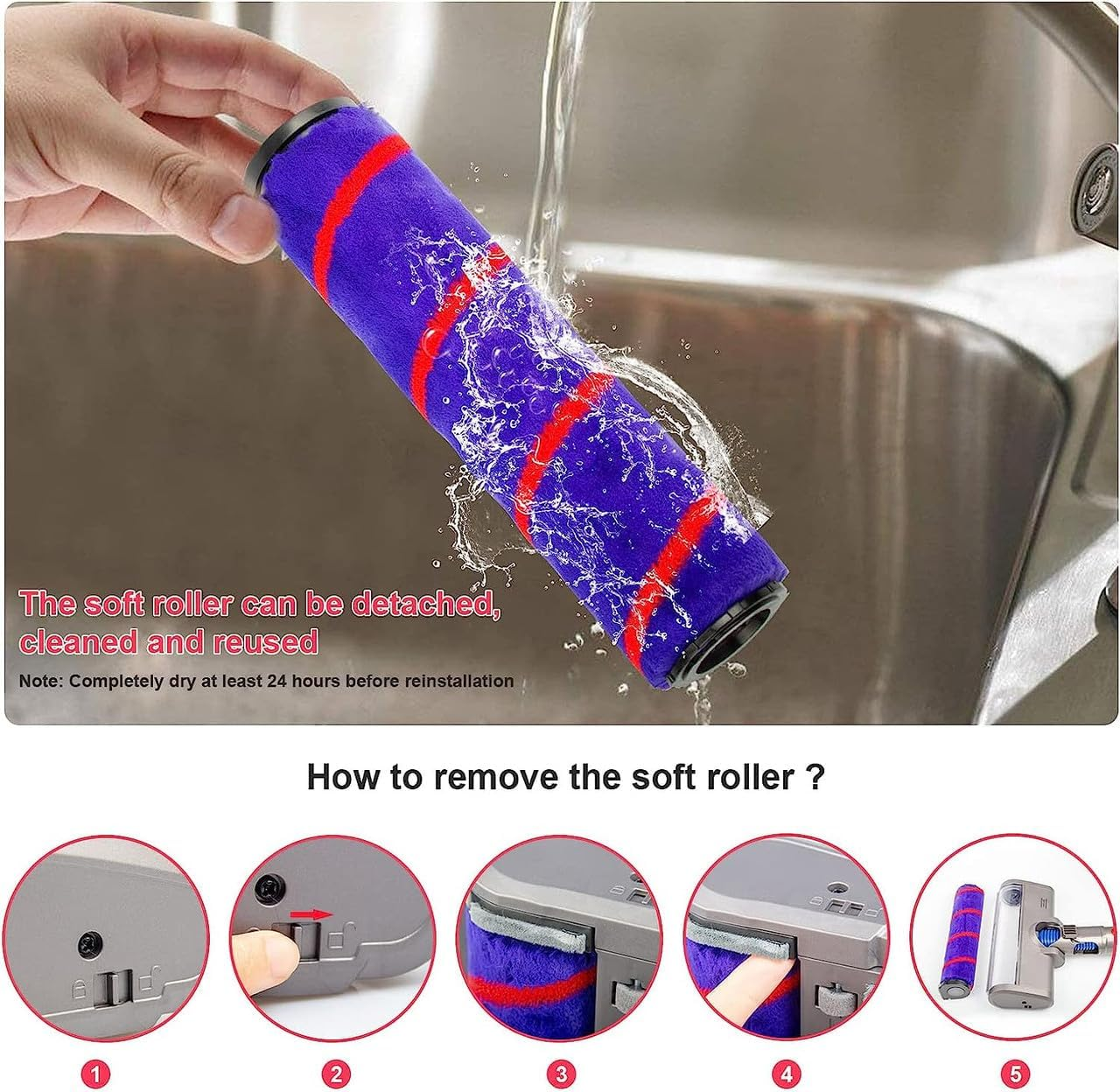 Hygieia Motorized Soft Floor Brush - Soft Roller Head for Dyson V6 DC59 DC45 and DC44 Vacuum Cleaners, Velvety Drum Head Attachment with Powerful Suction, Multi-Angle Rotation