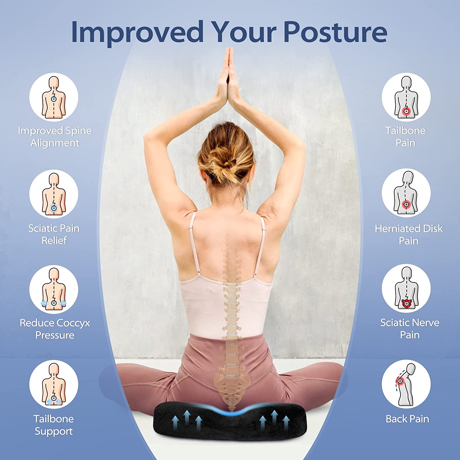 HOMCA Donut Pillow Seat Cushion, Hemorrhoid Pillows for Sitting after Surgery，Memory Foam Donut Cushion for Postpartum Pregnancy，Tailbone Pain Relief, Office Chair Cushion for Pressure Relief (Black) - Blue image number 2