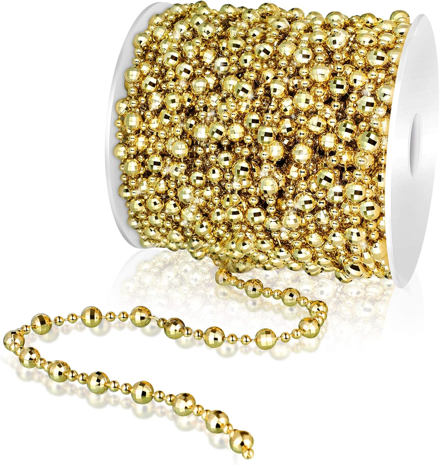WILLBOND 32.8 Feet Christmas Tree Beads Beaded Garland Strand Plastic Pearls Beads Garland Crystal Bead Roll for Christmas and Holiday Decorations (Gold)