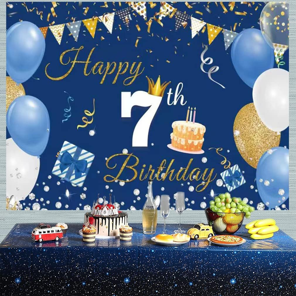7Th Birthday Decorations Happy 7Th Birthday Backdrop Banner for Boys/Girls Happy 7 Years Old Fabric Sign Poster, Blue Photography Background Seventh Birthday Party Supplies, 59"X35.4"