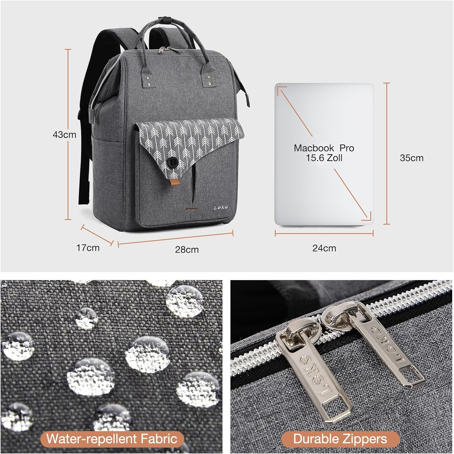 Lekesky Laptop Rucksack Bag for Women 15.6 Inch Computer Backpack School Bag for Travel Business College Women Men- Dark Grey image number 5