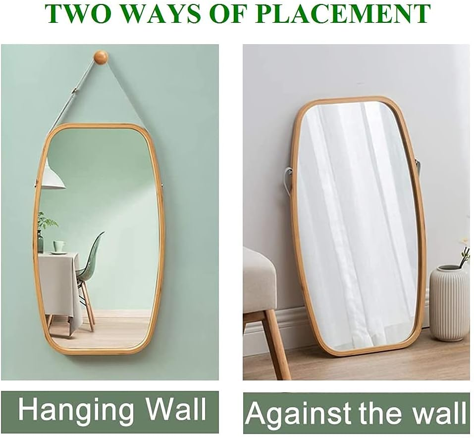 Hanging Wall Mirror 74X43Cm - Solid Bamboo Frame and Adjustable Leather Strap for Bathroom and Bedroom, Vanity Mirror, Makeup Mirror, Face Mirrors, Wall Shelf Mirror (Full Length) image number 1