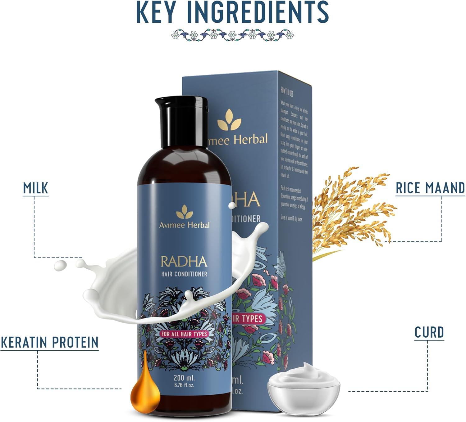 AVIMEE Herbalradha Hair Conditioner for All Hair Type | Repairs Damaged Hair | with Keratin Protein, Rice Protein, Apple Cider Vinegar & Aloe Vera | Makes Hair Silky Smooth | 200 Ml image number 1