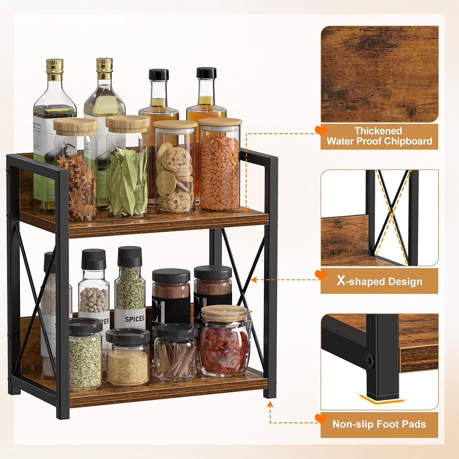 2-Tier Kitchen Counter Organiser, Wooden Spice Rack Shelf, Brown image number 2