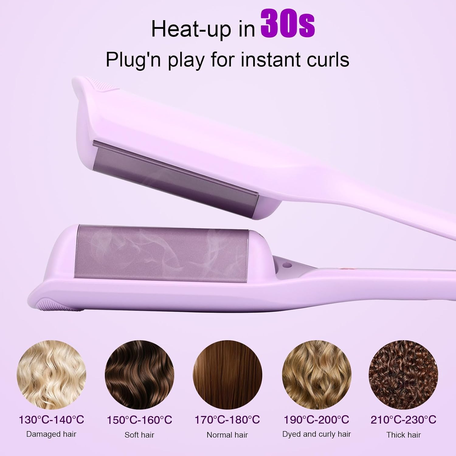 UOEPOWA 40Mm Wave Curling Iron, Deep Waver Curling Iron, Ionic Beach Waves Curling Wand with Ceramic Tourmaline Barrel, Dual Voltage, Anti-Scalding Fast Heating for Short and Long Hair (Purple) - Purple image number 4