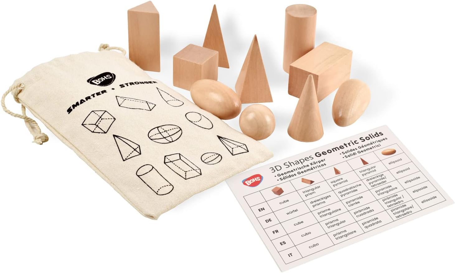 BOHS Geometry Solids Guess Game - 3D Shapes Miniature Set -Wooden Montessori Toys - Pack of 10Pcs - Ages 3 and Up