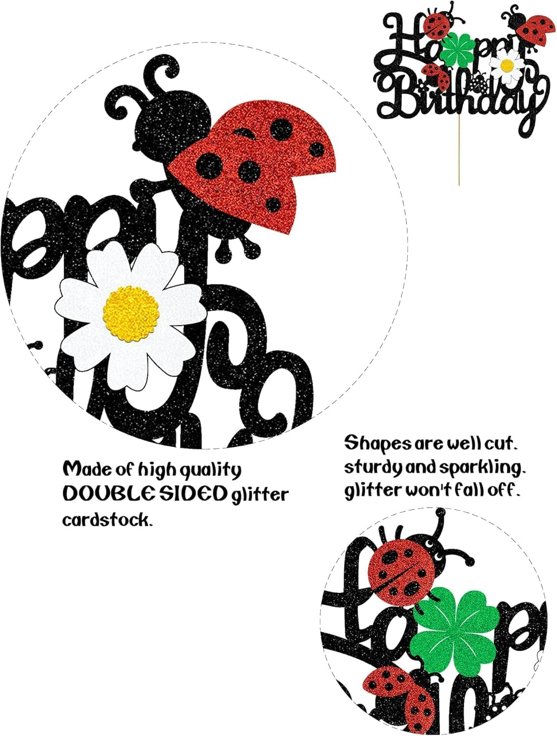 Confetti! Ladybug Cake Topper | Joyous Birthday Toppers Featuring Glittering Ladybugs, Daisies & Clovers - Essential Decoration Supplies for a Baby Shower or Boys and Girls' Birthday Celebration image number 4