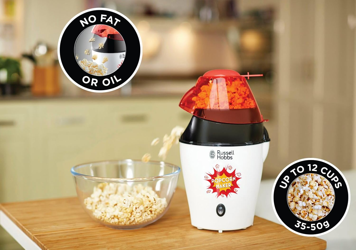 Russell Hobbs Fiesta 24630-56 Popcorn Machine (Hot Air Popcorn Maker, No Fat & Oil, Includes Corn Measuring Spoon, Bpa-Free, 1290 W), White/Black image number 4