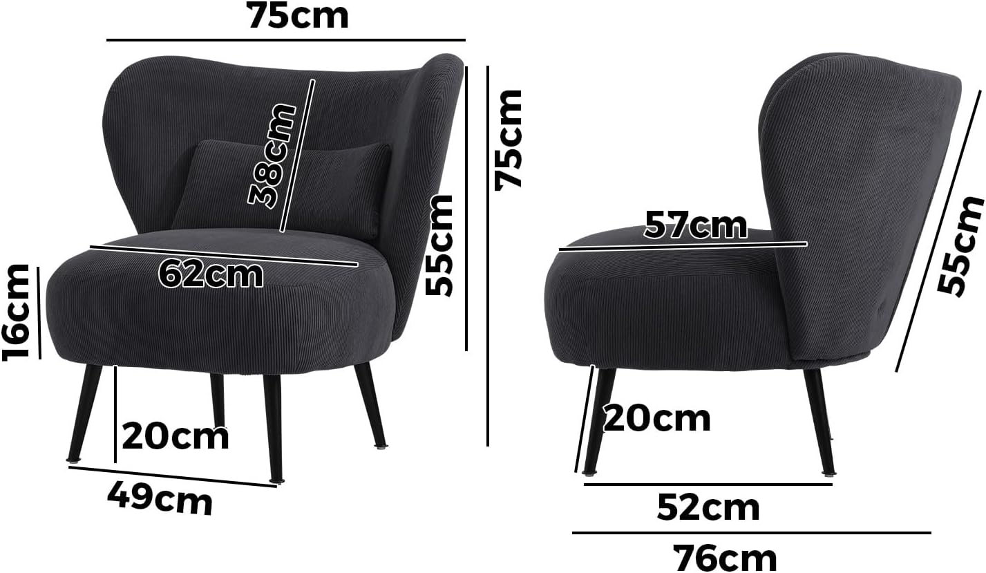 Oikiture Armchair with Lumbar Pillow and Wingback Velvet Lounge Sofa Accent Chair Charocal - A8-Charcoal image number 5