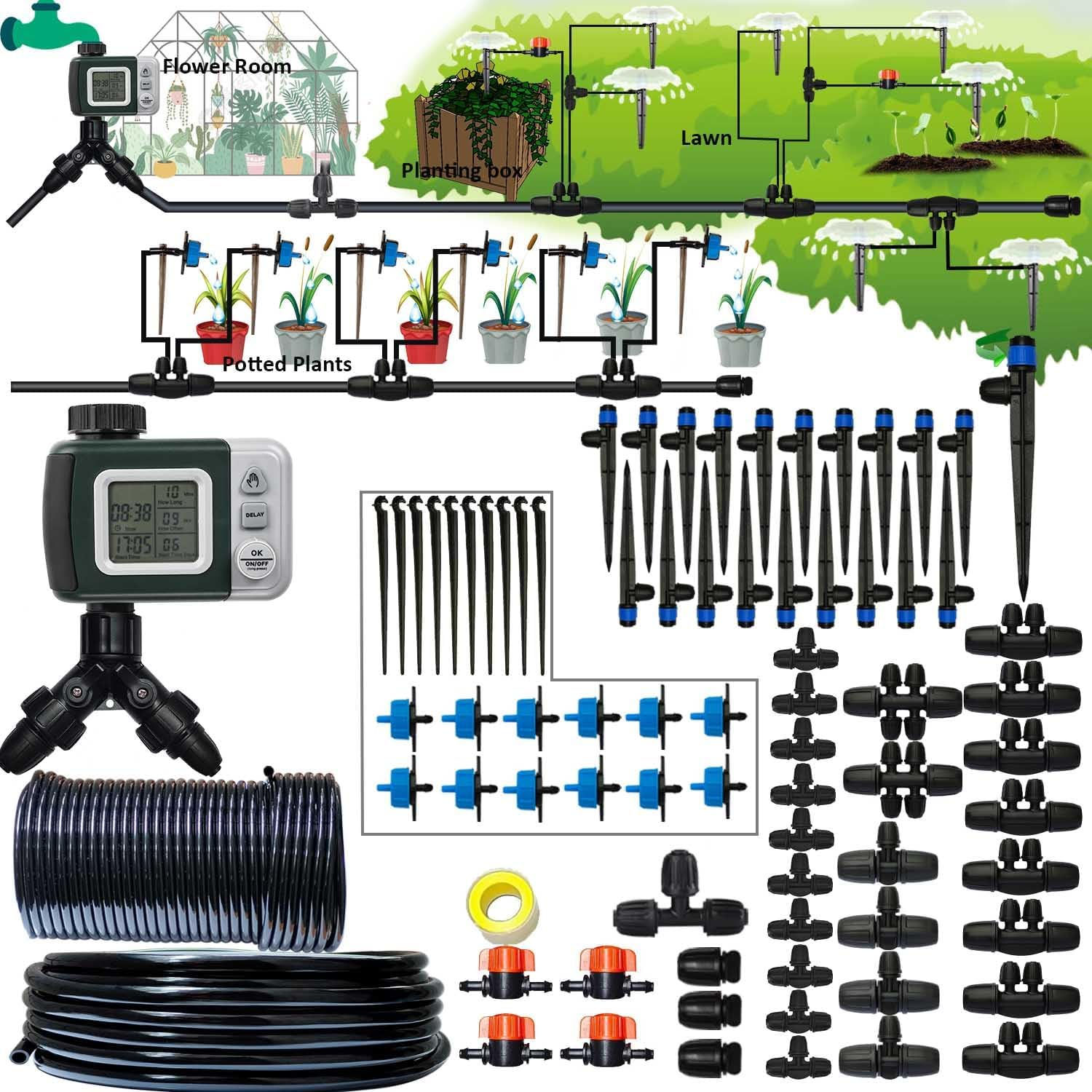Drip Irrigation System with Water Timer 162Ft Drip Irrigation Kit 5/16&ldquo;ID and 1/4 Inch Pipe Auto Watering System for Garden Adjustable Spray, for Greenhouse, Garden, Lawn, Potted Plants Black