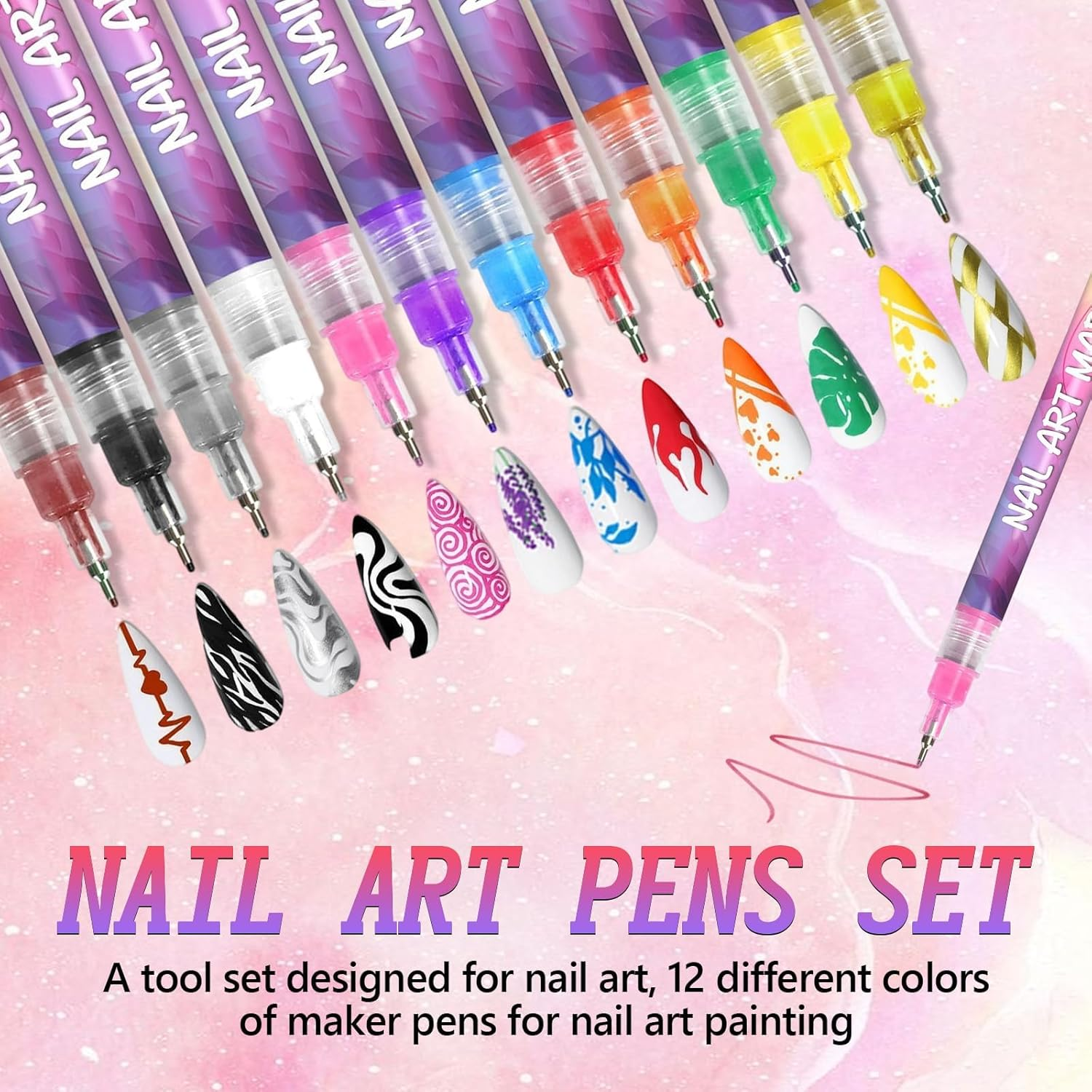 12 Colors Nail Art Pens Set, 3D Quick-Dry 0.5MM Nail Polish Pens, 2025 DIY Nail Art Marker Dotting Pen for Nails Art Design Manicure Nail DIY Decoration image number 1