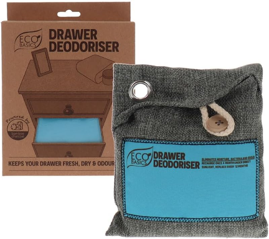 Eco Basics Drawer Deodoriser &ndash; Natural Bamboo Charcoal, Moisture & Odor Absorber, Reusable up to 1 Year, Eco-Friendly Freshness for Drawers, Cabinets, & Small Spaces, 16X14Cm