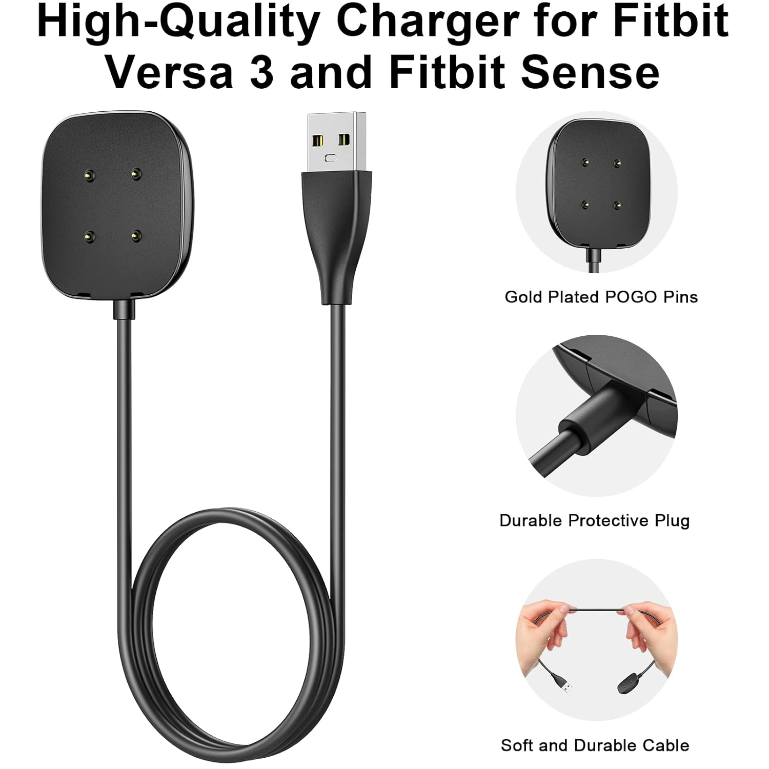 1M/3.3Ft Charger Cable for Fitbit Versa 4/Versa 3 Chargers, Sense 2/Sense Charger, USB Magnetic Fast Charging Cord for Versa 4 3, Sense 2/Sense Smartwatch (100Cm) image number 1