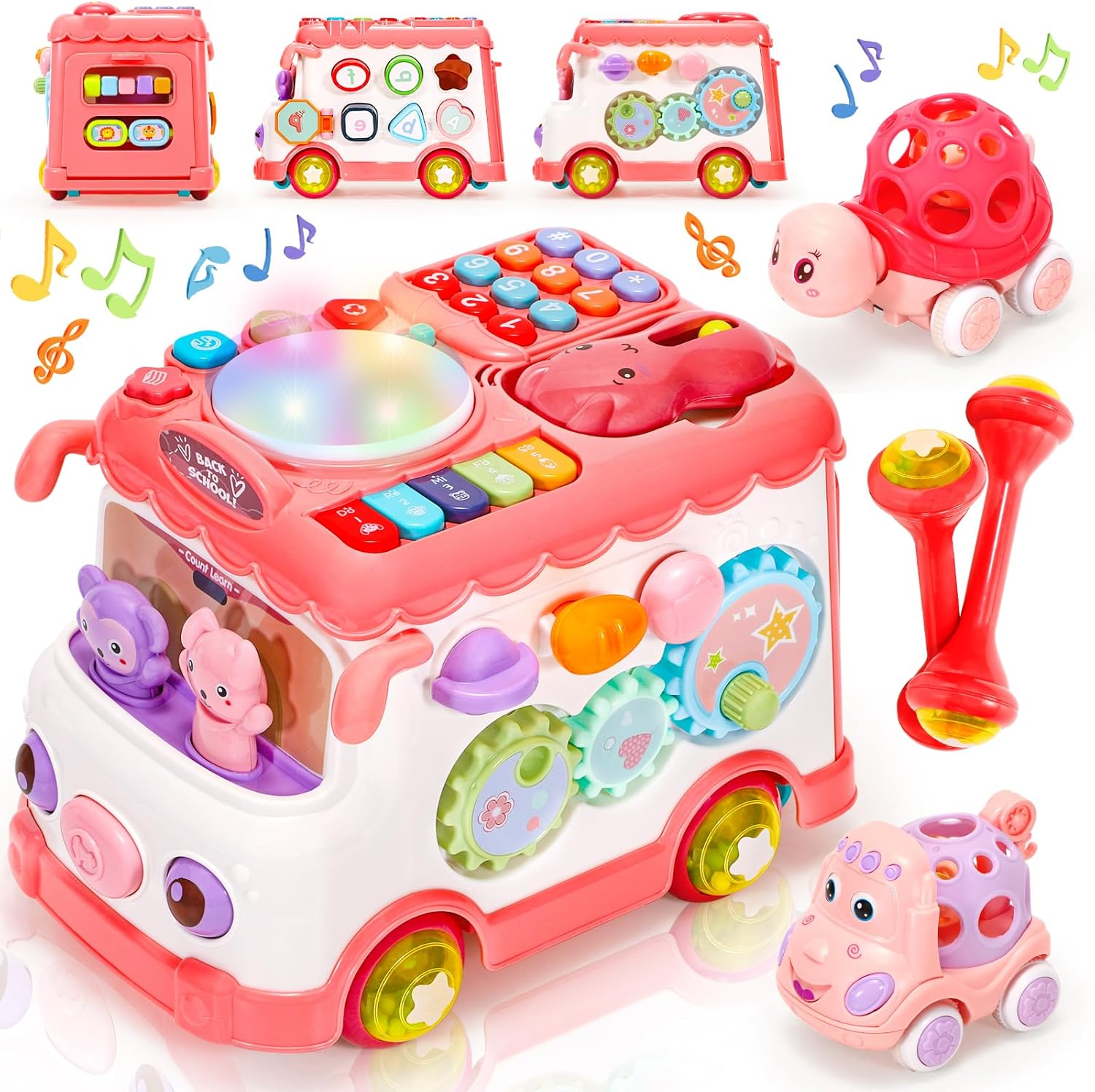 Amidear Baby 1-2 Year Old Girl, 10-In-1 Montessori Toys Bus for Baby 6-12-18 Months+, First Christmas and Birthday Gifts, Educational Musical Sensory Learning Toddler Toys Age 1-2, Pink image number 1