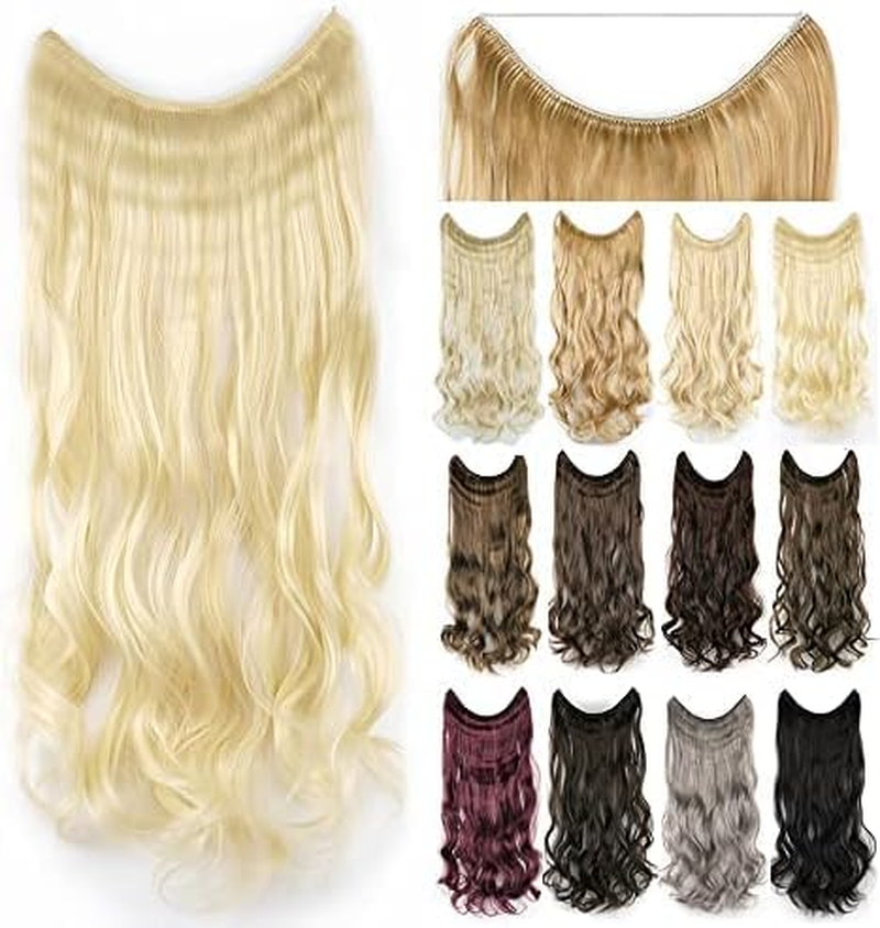 IMISSU 22'' 26'' Long Body Wavy Hair Extensions Fish Line Hairpiece Synthetic Invisible Secret Wire Headwear Flip Curly Hair Extension Pieces (22 Inch,613 Blonde)