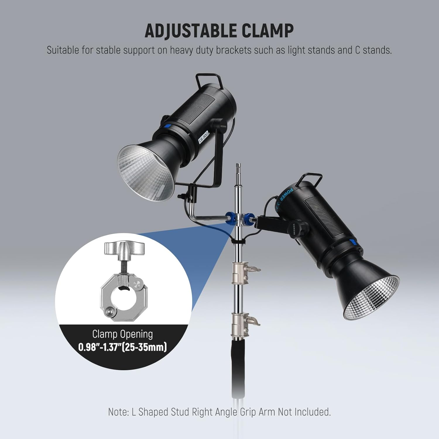 NEEWER 3 Way Clamp with 4.1In/105Mm 5/8" Baby Pin Stud for 1"-1.4"/25-35Mm Tube C Stand Boom Arm Grip Arm Photography Light Stand, Stainless Steel for LED Video Light Flash, Max Load 22Lb/10Kg, UA045 image number 2