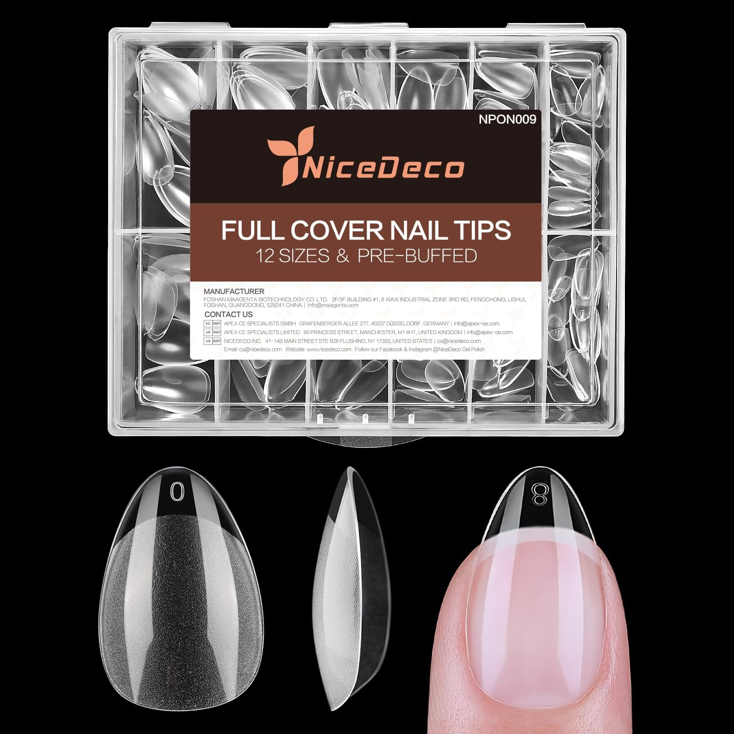 Nicedeco Short Almond Full Cover Nail Tips Press on Nails Clear - False Nails Soft Gel Tips 12 Sizes 216 Pieces - 008