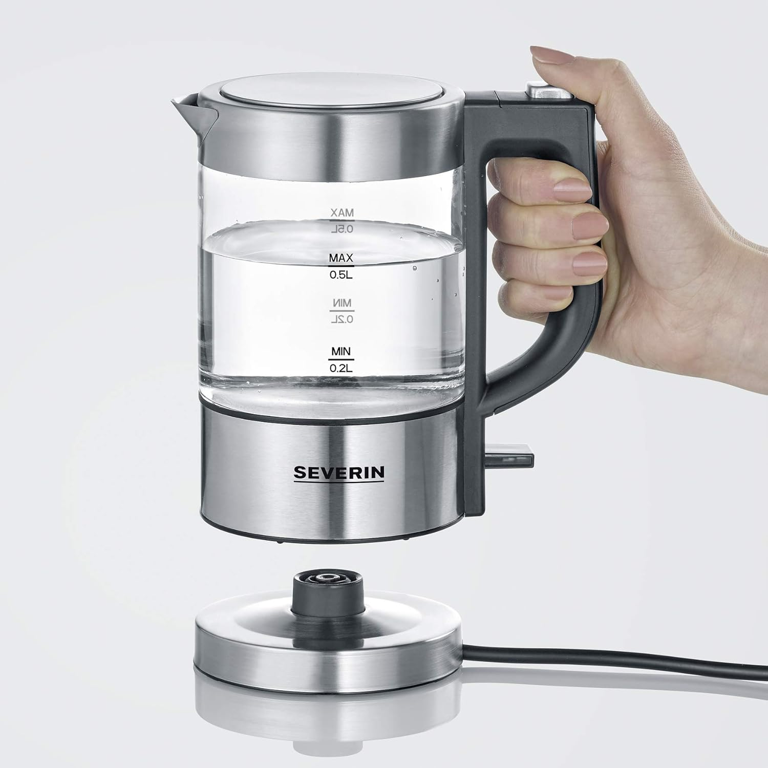 SEVERIN Mini Glass Kettle 0.5 L, Powerful and Compact in High-Quality Design, Electric Kettle with Limescale Filter, Stainless Steel/Black, WK 3472 image number 2