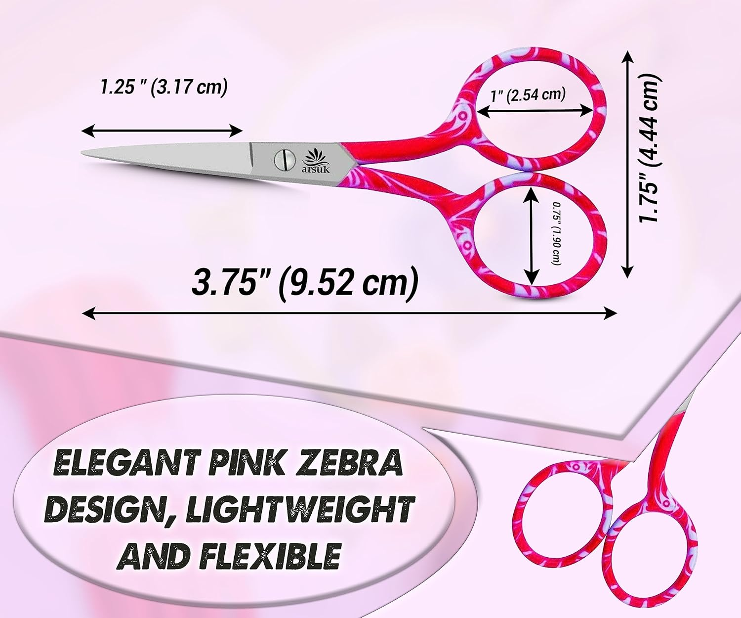 ARSUK Embroidery Scissors Sharp Fine Mini Bulk Vintage, Stork and Fancy Pack for Adults Multi Pack (Black, Orange, Pink, Gold) Metal Stainless Steel Small (Fancy Pink Zebra) - Fancy Pink Zebra image number 3