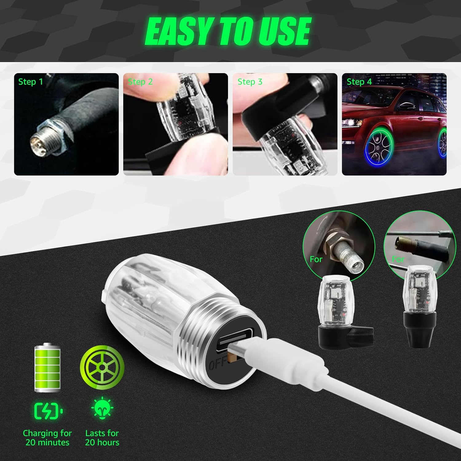 4Pcs Tire Valve Cap Lights, Glow in the Dark LED Tire Valve Lights with Motion Sensors Waterproof Colorful LED Car Wheel Lights USB Rechargeable Wheel Flashing Lamp for Car Truck Motorcycle image number 3