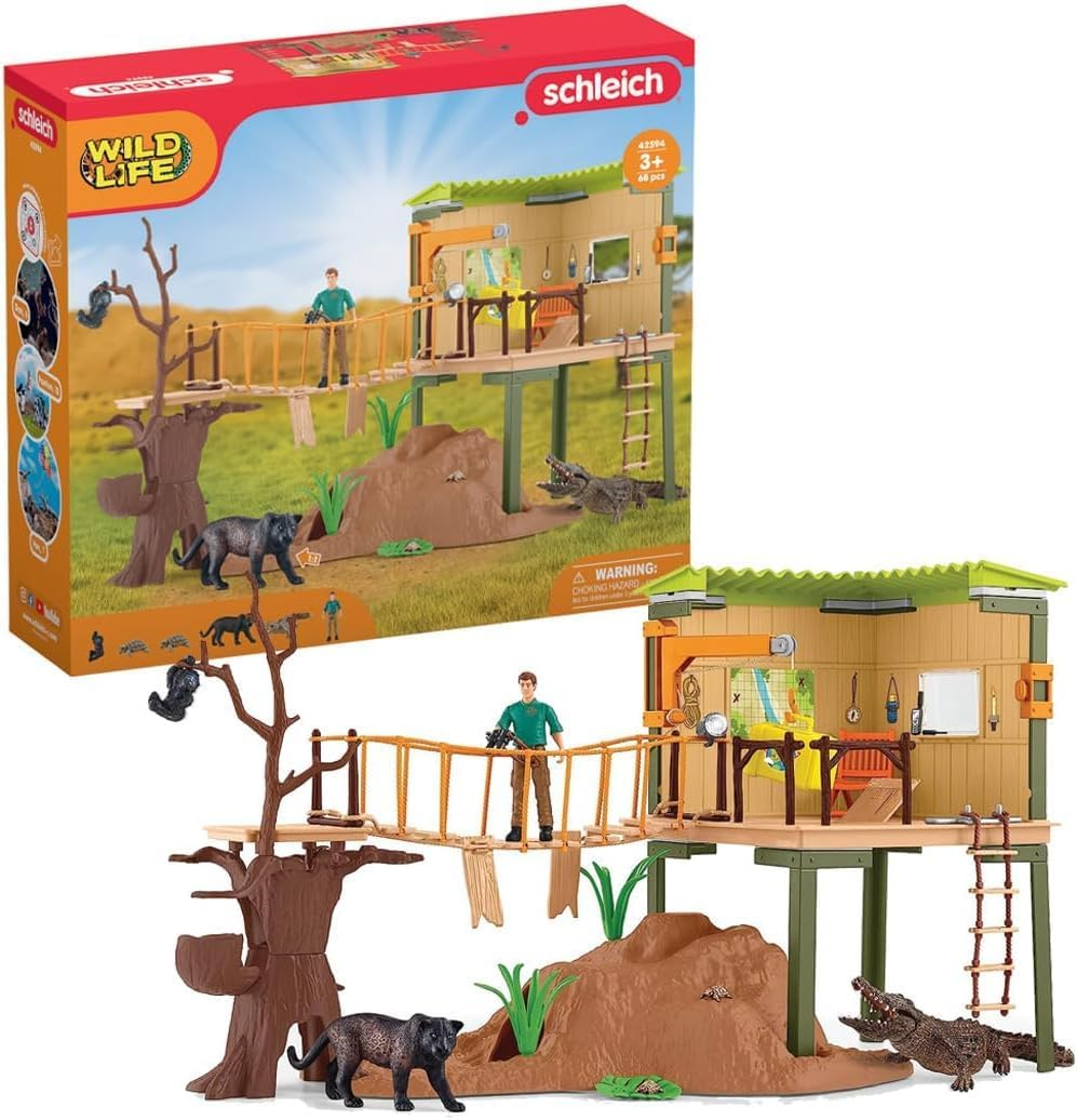 Schleich Wild Safari Animal Toys Playset - Ranger Adventure Station with Alligator, Tiny Turtles, Baby Monkey, and Black Panther, Figurines for Kids Both Boys and Girls Age 3 and above (42594) image number 4