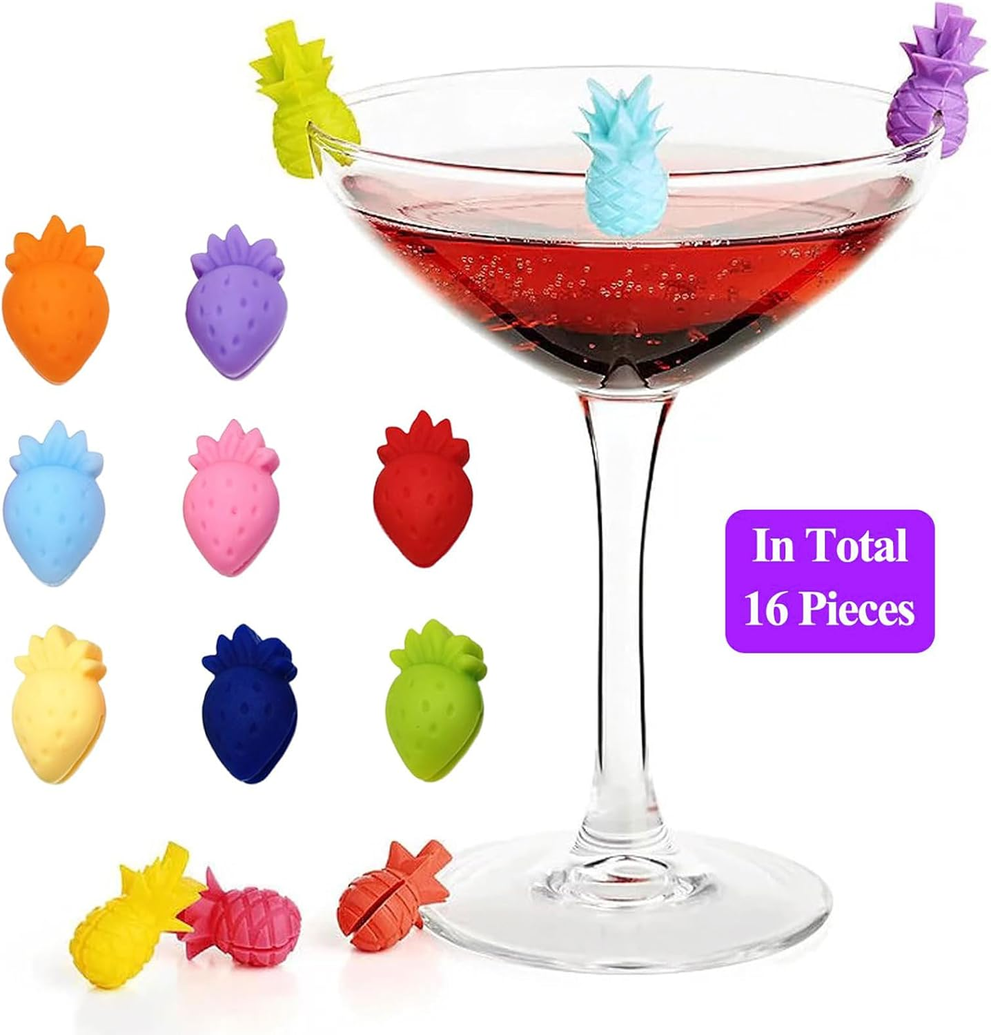 Lyvixora 16PCS Upgraded Wine Glass Charms - Silicone Strawberry & Pineapple Drink Markers | Cute & Reusable Cocktail Champagne Flutes Glass Cup Label Tags for Parties, Weddings & Events image number 2