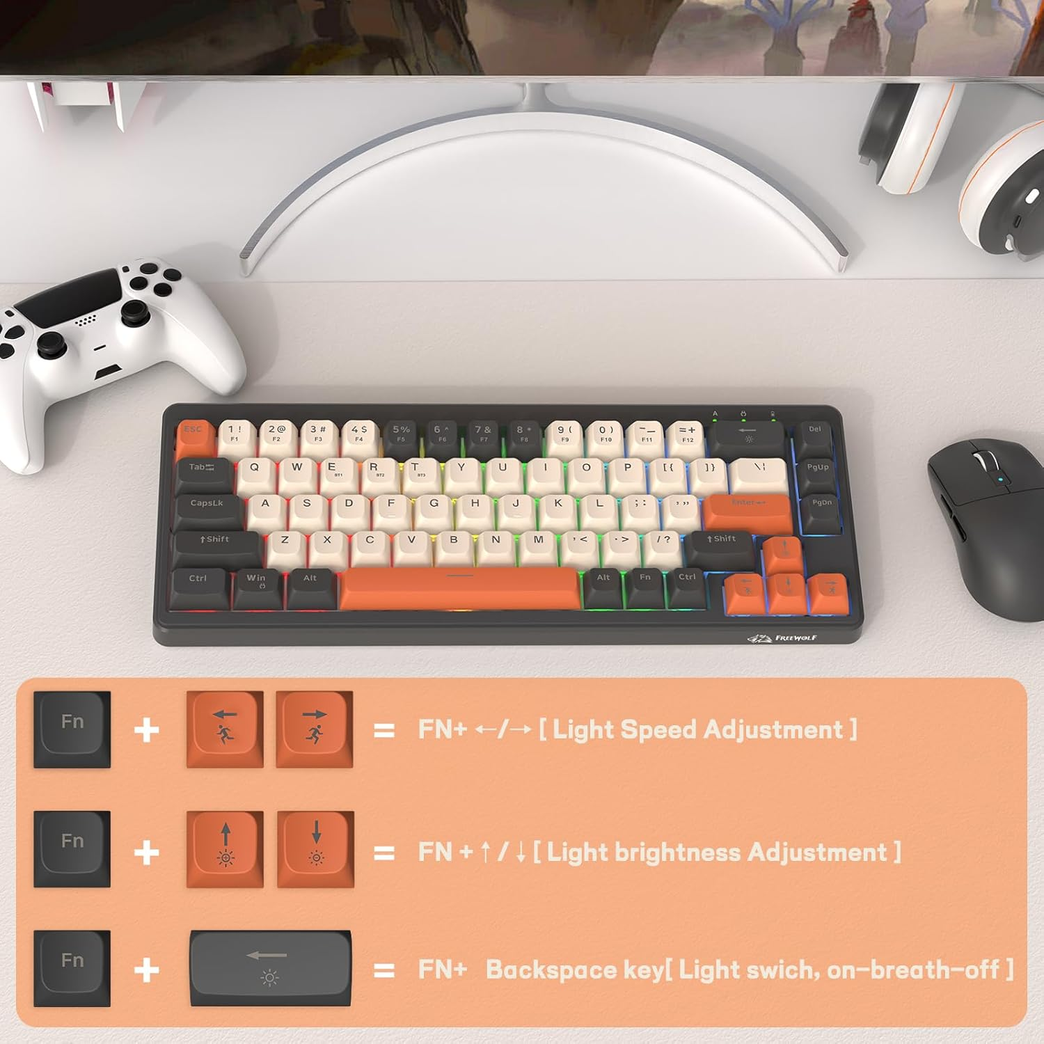 FREEWOLF M68 65% Wireless Gaming Keyboard,Bluetooth/2.4Ghz/ Wired Tri-Mode Silent Membrane Keyboard,Pbt Keycaps,2000Mah Rechargeable,67 Keys Rainbow LED Backlit PC Gaming Keyboard for Win/Mac-Shimmer image number 4