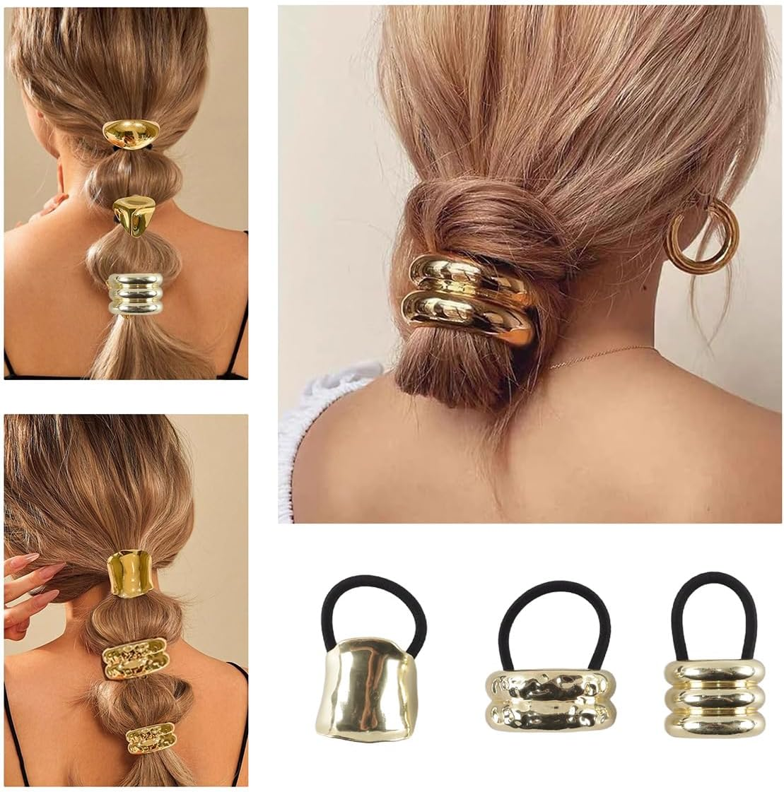 Orivin 3 Pack Gold Oversized Versatile Hair Bobbles with Spring Clip for Women and Girls image number 4
