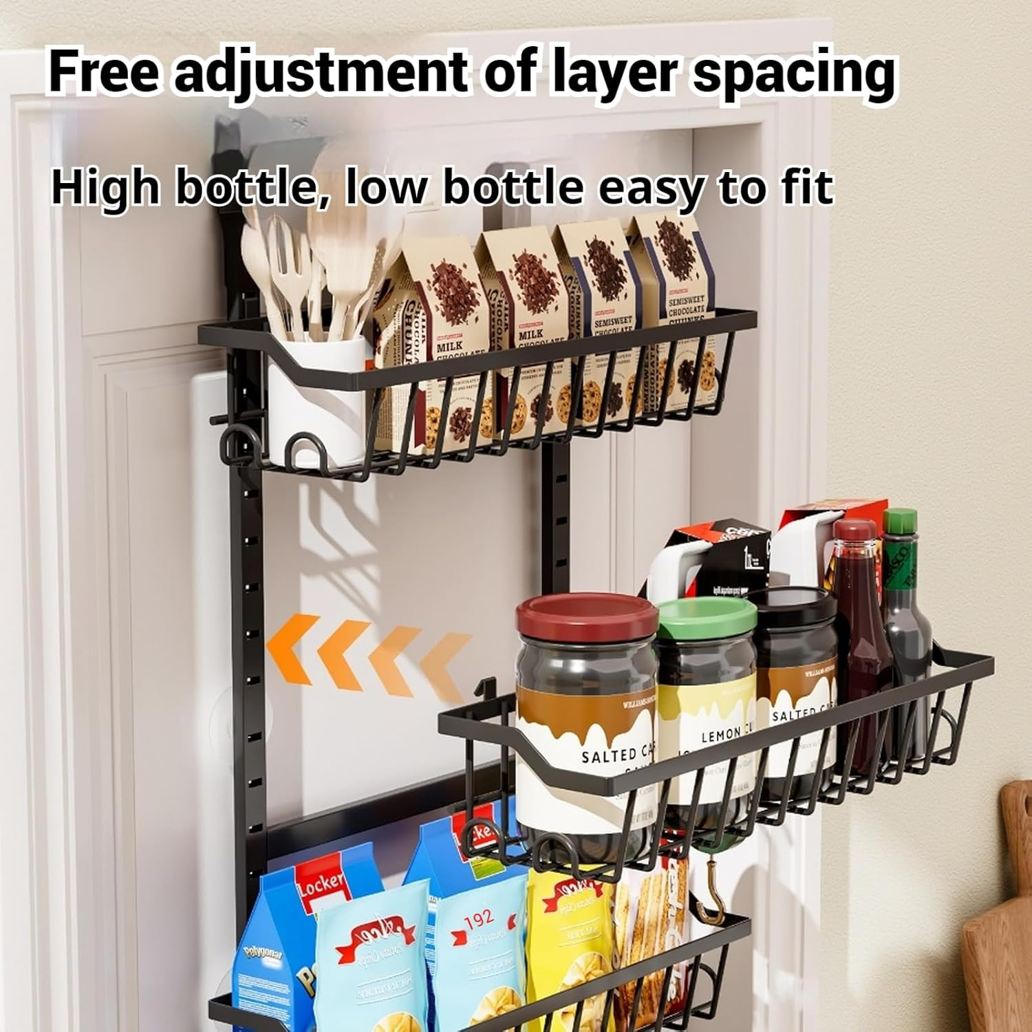 Over the Door Pantry Organizer, 8-Tier Heavy-Duty Metal Pantry Organizer with Adjustable Baskets, Spice Rack, Space-Saving Shelves, with Suction Cups for Each Layer image number 6