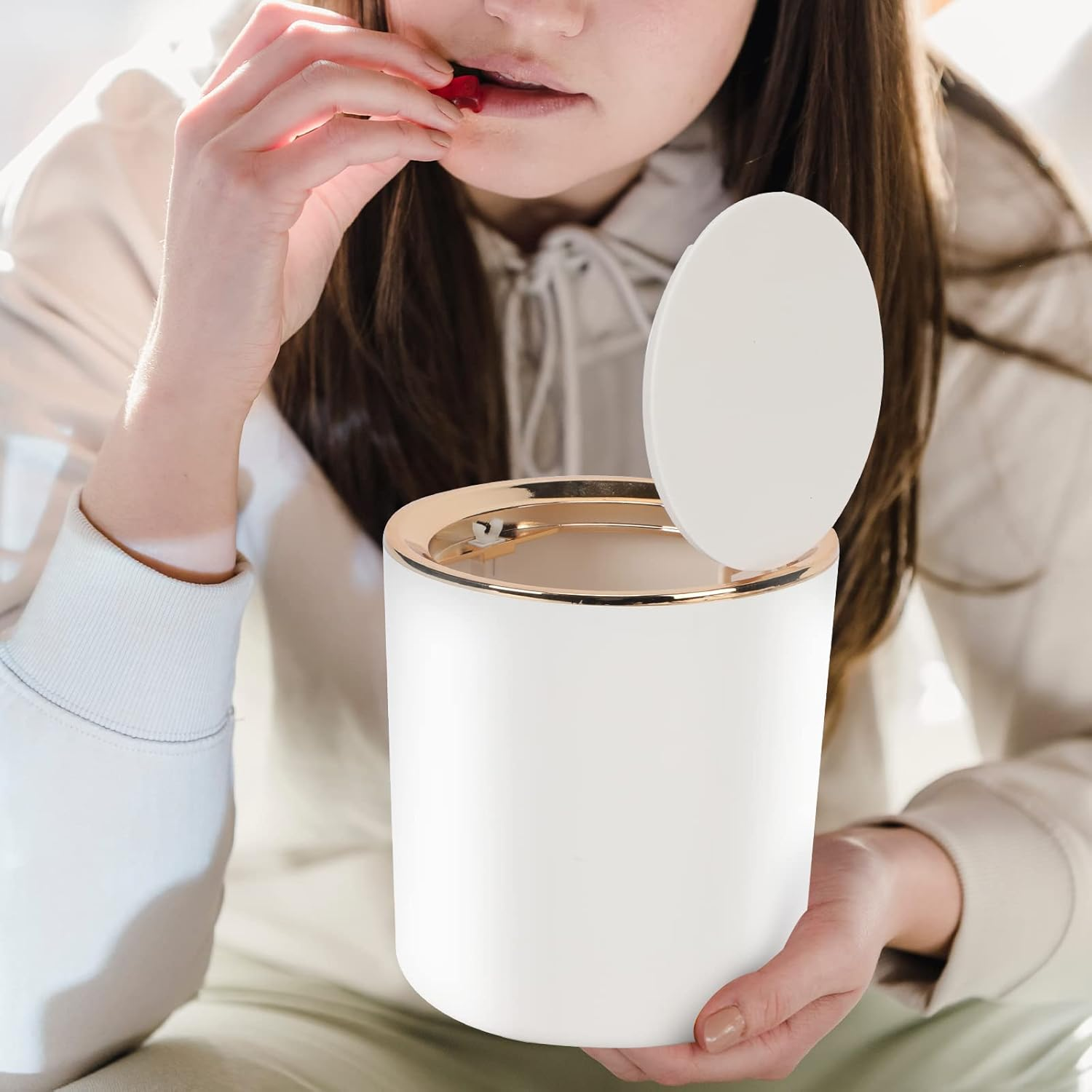 Small Trash Can Wastebasket with Lid round 2.6L Mini Desk Top Bin for Vanity Bathroom Bedroom Kitchen Office,Abs - Black image number 3