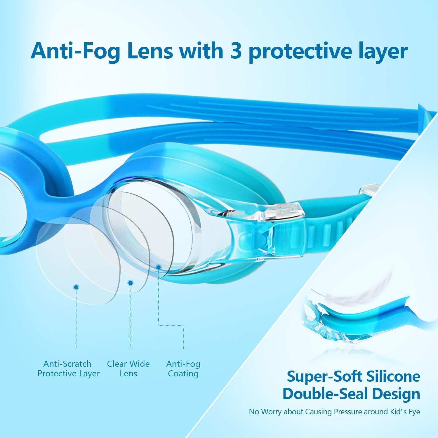 Kids Swimming Goggles, Water Pool Goggles, Toddler Swim Goggles No Leaking anti Fog for Boys Girls, Swimming Goggles with UV Protection (Age 3-12) image number 1