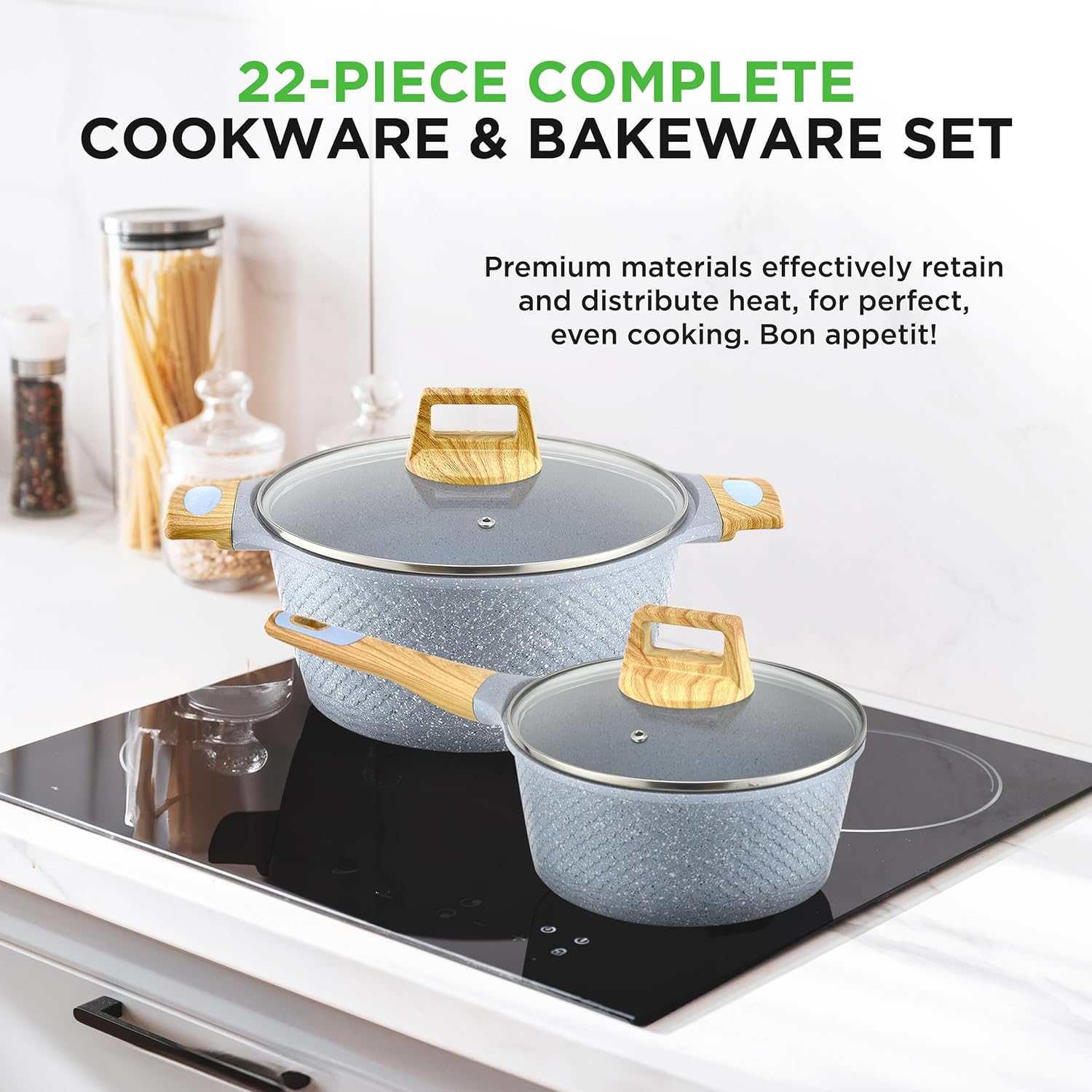 Nutrichef 22-Piece Cookware and Bakeware Set | Professional Home Kitchen Collection with Multi-Sized Pots, Pans, Non Stick and Heat-Resistant Tools (Moon Grey Marble) - Maroon Marble image number 4