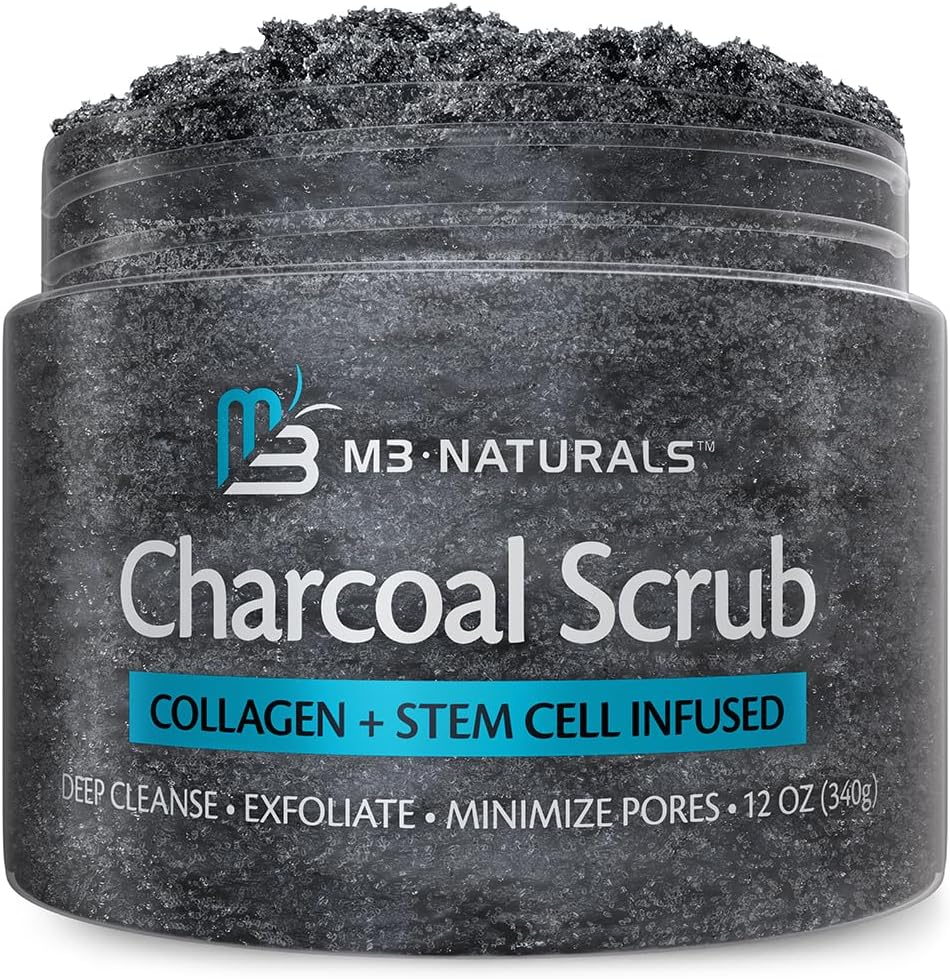 Charcoal Exfoliating Body Scrub Polish with Collagen & Stem Cell Gentle Body Exfoliator Face Scrub Bump Eraser Booty Scrub Best Shower Scrub Skin Exfoliant Moisturize Skin Exfoliate Absorbs Nutrients by M3 Naturals image number 1