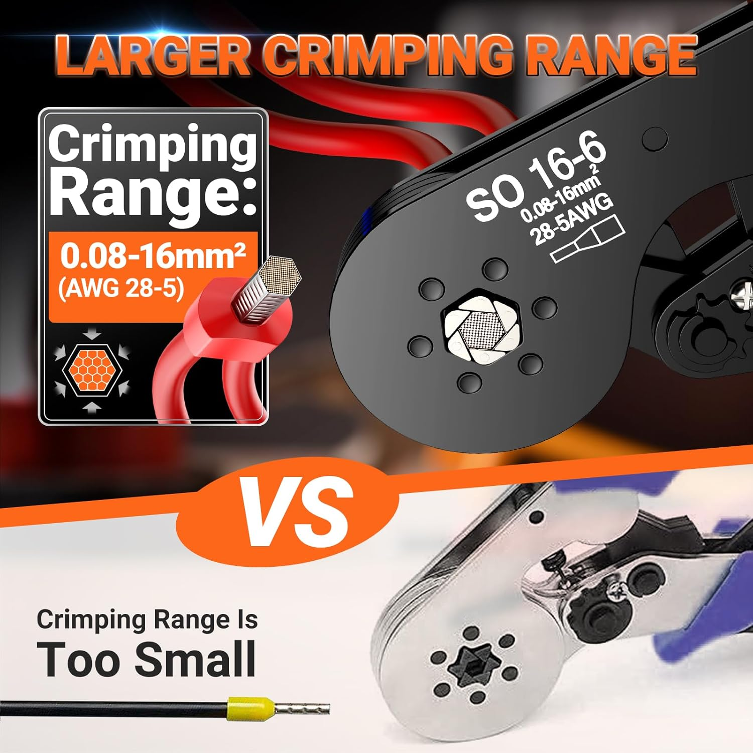 Ferrule Crimping Tool Kit, Preciva Upgrade Double & Single Ferrules Connectors,16-6 Hexagonal Ratchet Jaw Wire Crimping Pliers AWG 28-5 (0.08-16Mm&sup2;) with 1200PCS Terminal Connector Sleeves, CP94120 image number 5